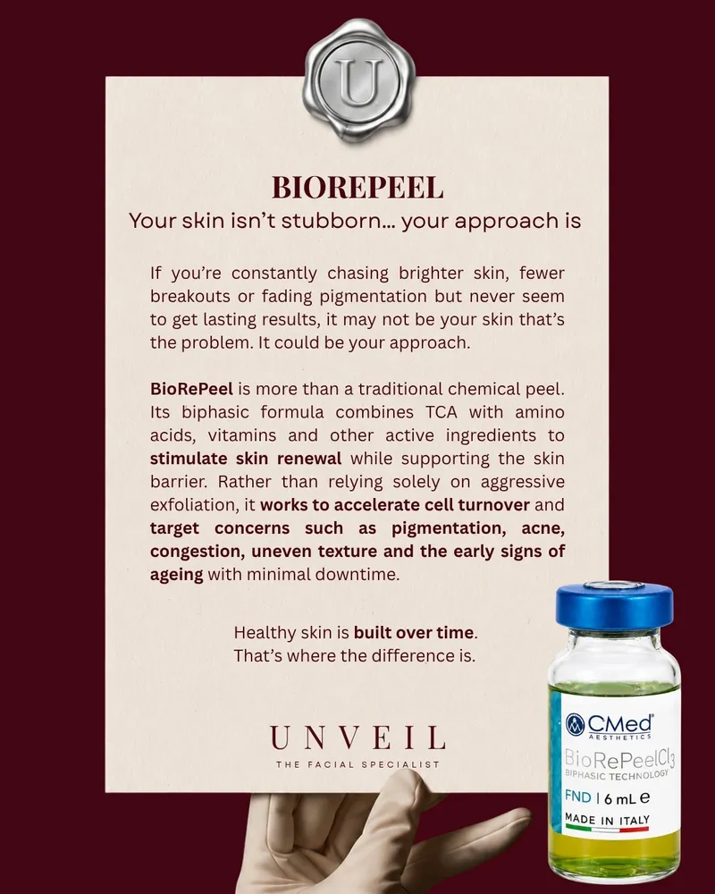 BioRePeel treatment explainer — skin regeneration without downtime at Unveil TFS Harrow